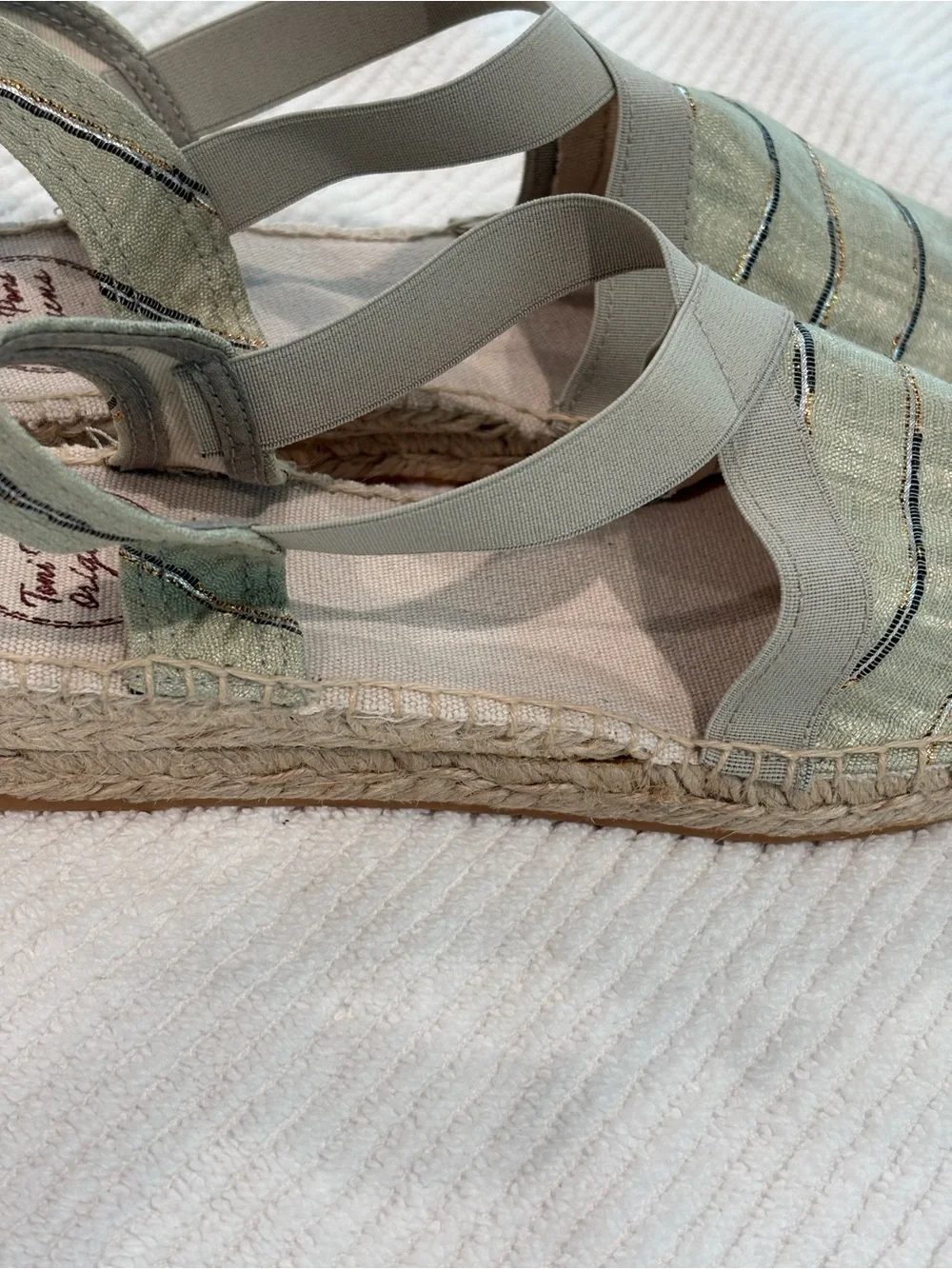 Toni Pons Women’s Metallic Striped Espadrille Flats Strap Green/Gold EU 40 NEW